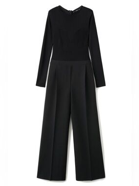 Mango Long Sleeve Wide Leg Mixed Media Jumpsuit Black XL NWT